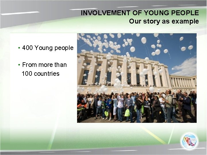 INVOLVEMENT OF YOUNG PEOPLE Our story as example • 400 Young people • From