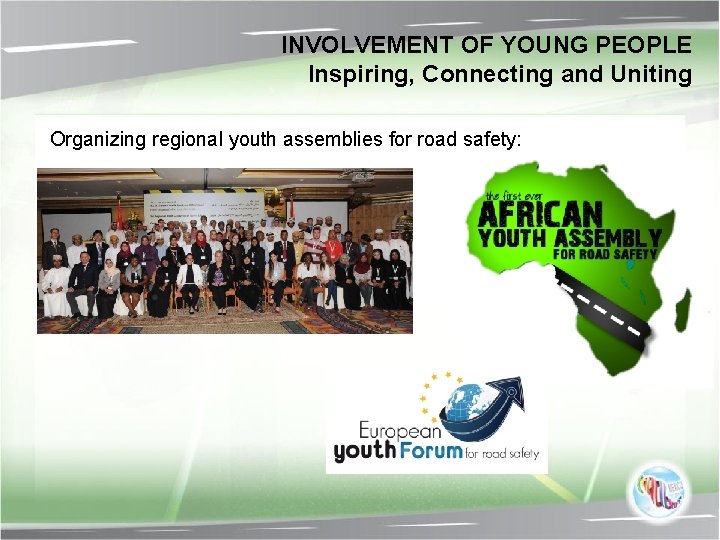 INVOLVEMENT OF YOUNG PEOPLE Inspiring, Connecting and Uniting Organizing regional youth assemblies for road