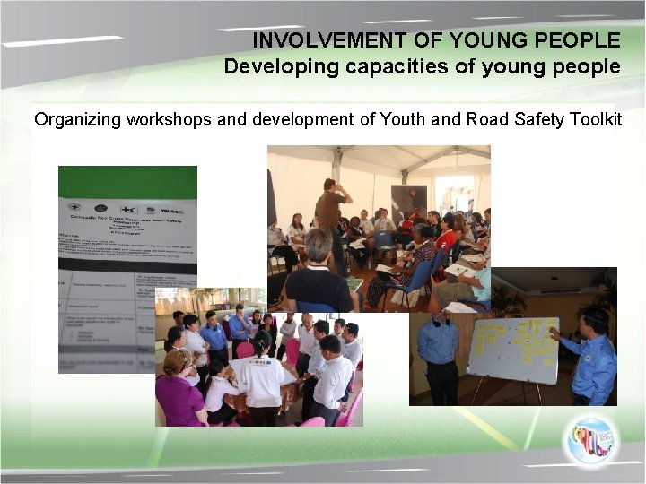 INVOLVEMENT OF YOUNG PEOPLE Developing capacities of young people Organizing workshops and development of