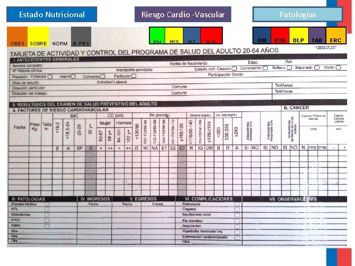 Estado Nutricional OBES SOBRE NORM B. PES Riesgo Cardio -Vascular BAJ MOD ALT M.