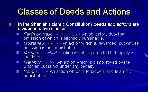 Classes of Deeds and Actions In the Shari'ah (Islamic Constitution) deeds and actions are