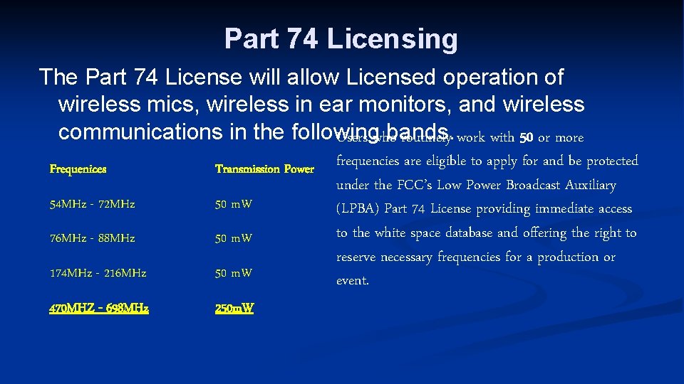 Part 74 Licensing The Part 74 License will allow Licensed operation of wireless mics,