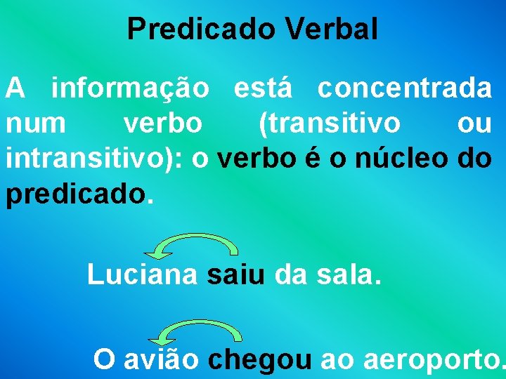 Predicado Verbal A informação está concentrada num verbo (transitivo ou intransitivo): o verbo é
