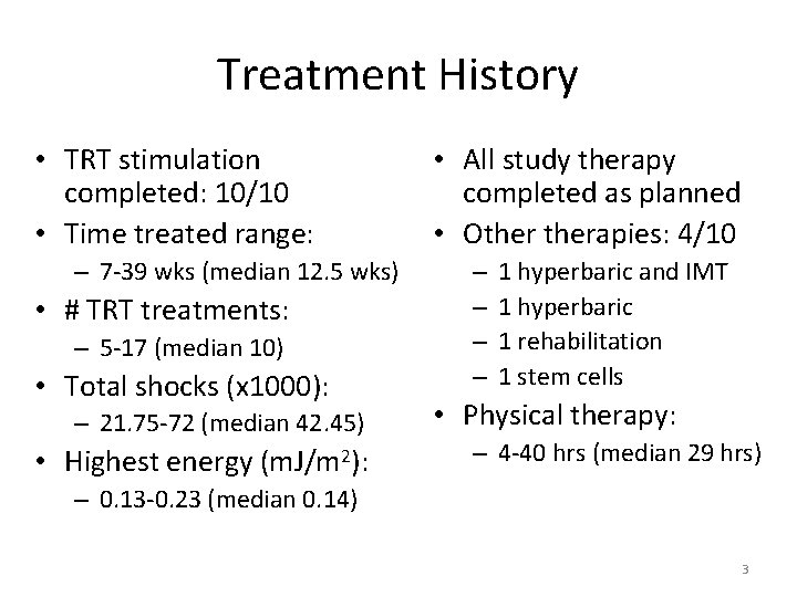 Treatment History • TRT stimulation completed: 10/10 • Time treated range: – 7 -39