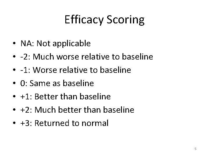 Efficacy Scoring • • NA: Not applicable -2: Much worse relative to baseline -1: