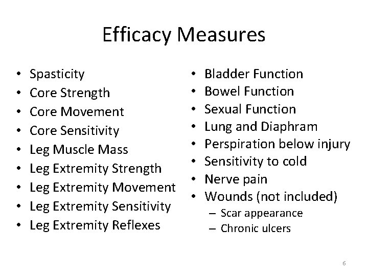 Efficacy Measures • • • Spasticity Core Strength Core Movement Core Sensitivity Leg Muscle