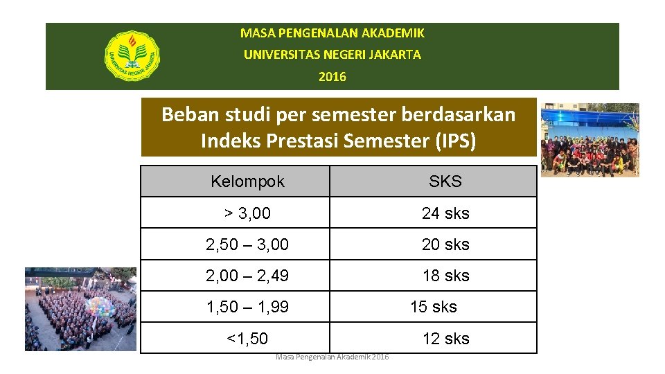 MASA PENGENALAN AKADEMIK UNIVERSITAS NEGERI JAKARTA 2016 Beban studi per semester berdasarkan Indeks Prestasi