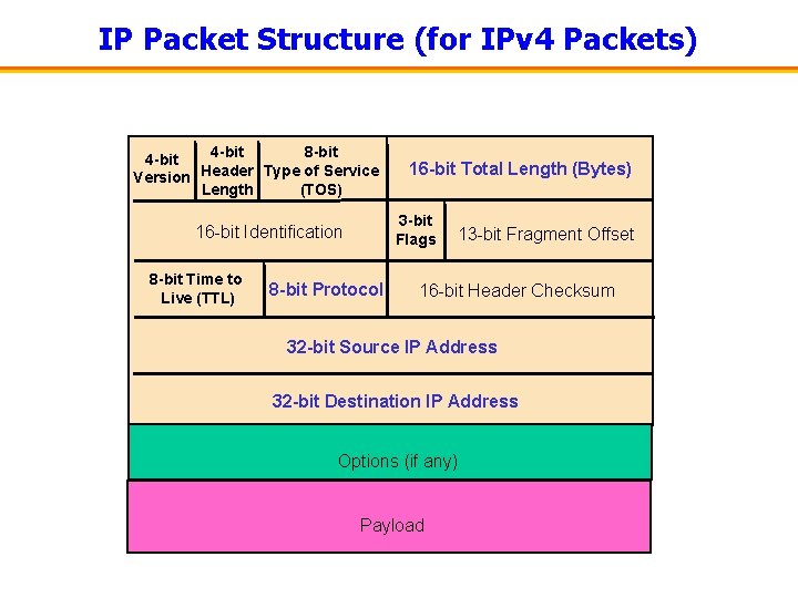 IP Packet Structure (for IPv 4 Packets) 4 -bit 8 -bit 4 -bit Version