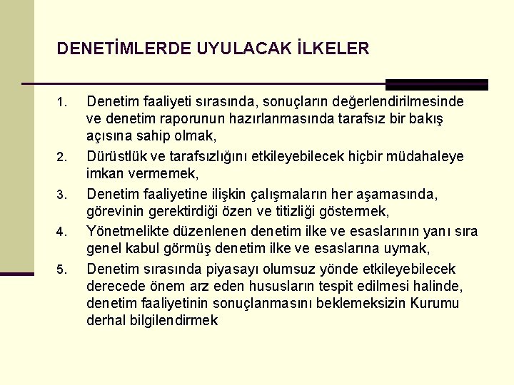 DENETİMLERDE UYULACAK İLKELER 1. 2. 3. 4. 5. Denetim faaliyeti sırasında, sonuçların değerlendirilmesinde ve