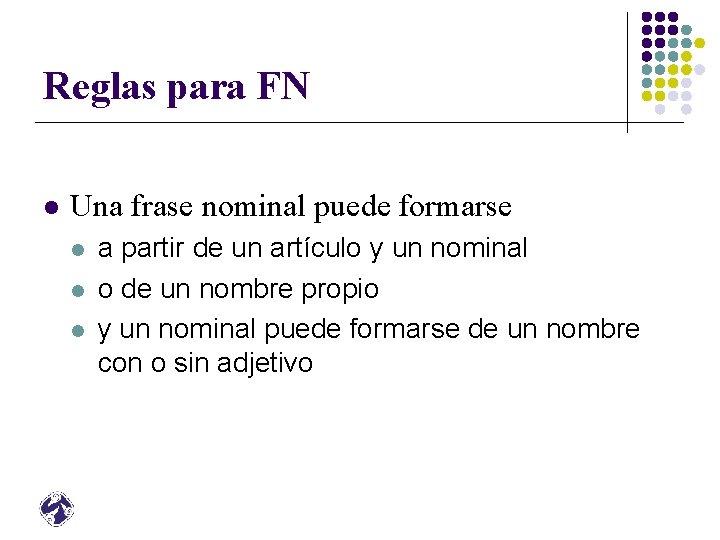 Reglas para FN l Una frase nominal puede formarse l l l a partir