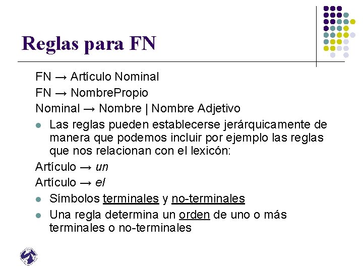 Reglas para FN FN → Artículo Nominal FN → Nombre. Propio Nominal → Nombre