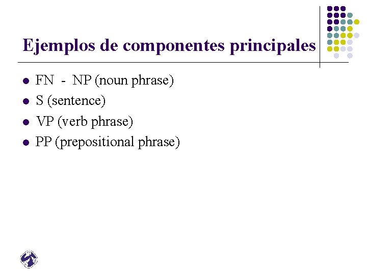 Ejemplos de componentes principales l l FN - NP (noun phrase) S (sentence) VP