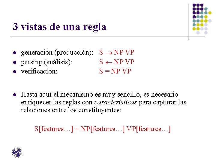 3 vistas de una regla l l generación (producción): S NP VP parsing (análisis):