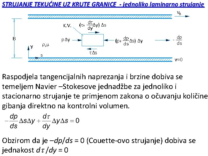 STRUJANJE TEKUĆINE UZ KRUTE GRANICE - jednoliko laminarno strujanje Raspodjela tangencijalnih naprezanja i brzine