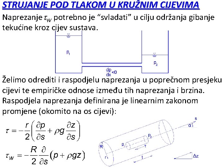 STRUJANJE POD TLAKOM U KRUŽNIM CIJEVIMA Naprezanje W potrebno je “svladati” u cilju održanja