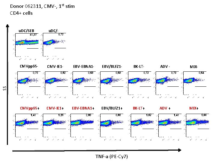 Donor 062311, CMV-, 1 st stim CD 4+ cells u. DC/SEB u. DC/- CMV-IE