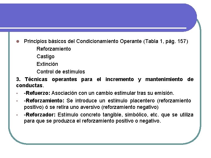 Principios básicos del Condicionamiento Operante (Tabla 1, pág. 157) Reforzamiento Castigo Extinción Control de