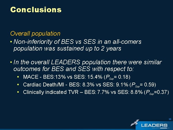 Conclusions Overall population • Non-inferiority of BES vs SES in an all-comers population was