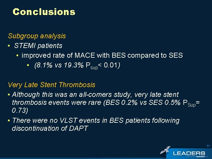 Conclusions Subgroup analysis • STEMI patients • improved rate of MACE with BES compared