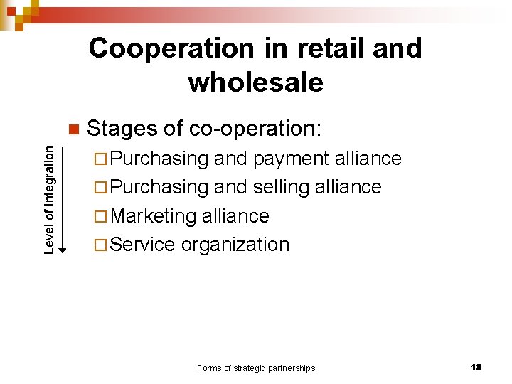 Cooperation in retail and wholesale Level of Integration n Stages of co-operation: ¨ Purchasing