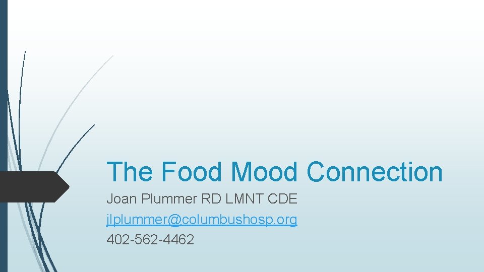 The Food Mood Connection Joan Plummer RD LMNT CDE jlplummer@columbushosp. org 402 -562 -4462