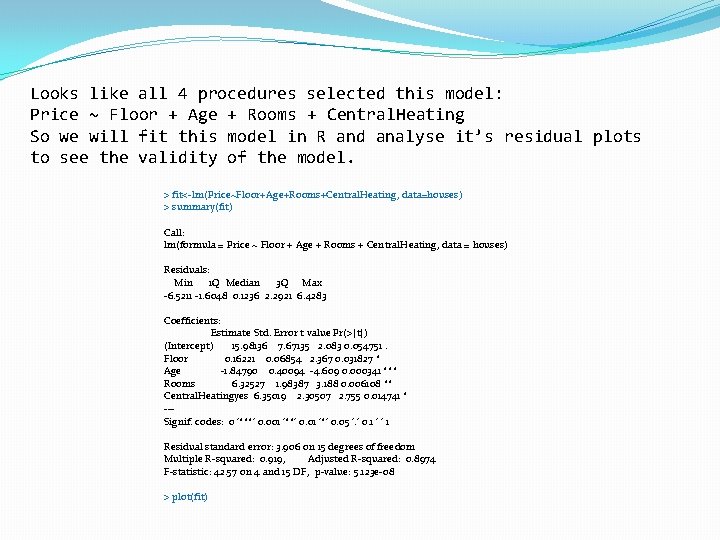 Looks like all 4 procedures selected this model: Price ~ Floor + Age +
