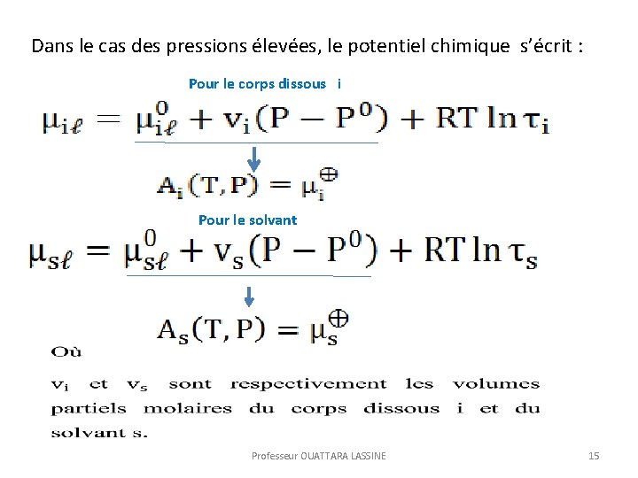 Dans le cas des pressions élevées, le potentiel chimique s’écrit : Pour le corps