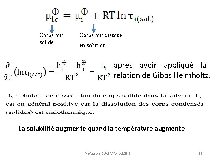 Corps pur solide Corps pur dissous en solution après avoir appliqué la relation de