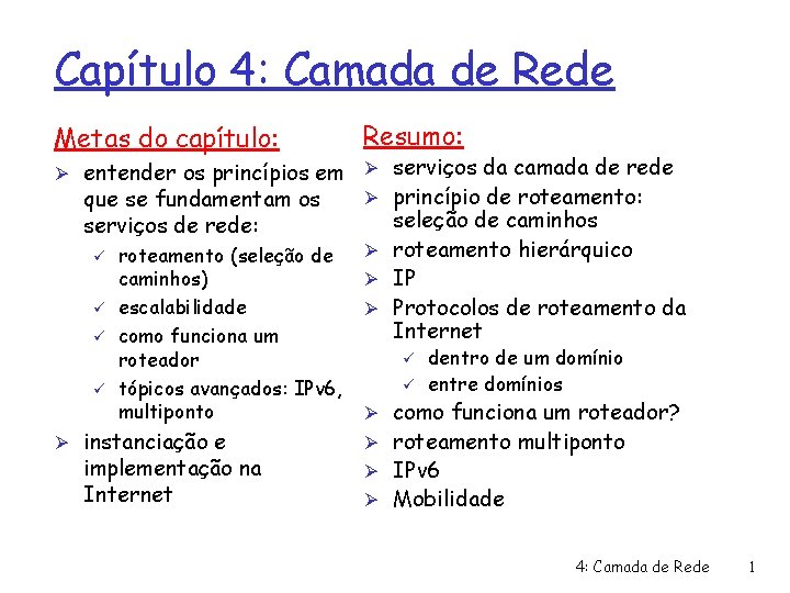 Capítulo 4: Camada de Rede Metas do capítulo: Resumo: Ø entender os princípios em