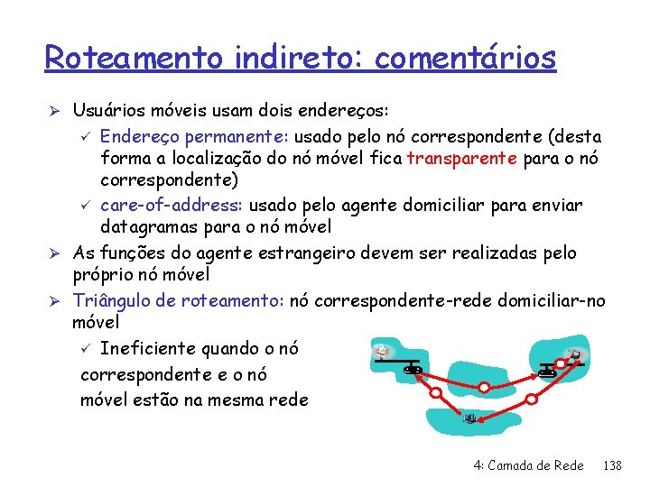 Roteamento indireto: comentários Ø Usuários móveis usam dois endereços: Endereço permanente: usado pelo nó