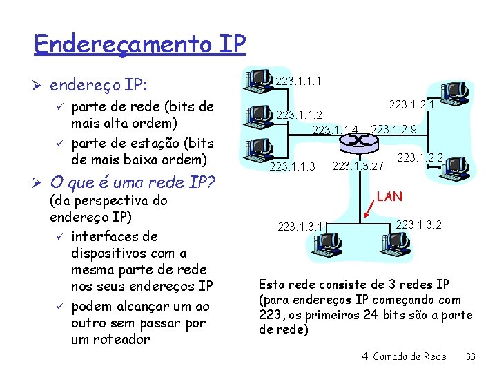 Endereçamento IP Ø endereço IP: ü parte de rede (bits de mais alta ordem)