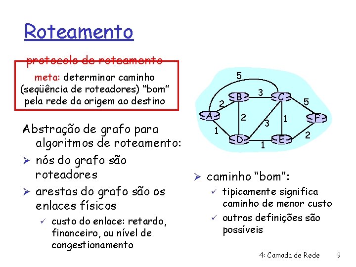 Roteamento protocolo de roteamento 5 meta: determinar caminho (seqüência de roteadores) “bom” pela rede