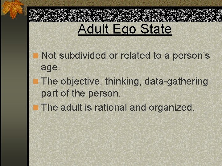 Adult Ego State n Not subdivided or related to a person’s age. n The