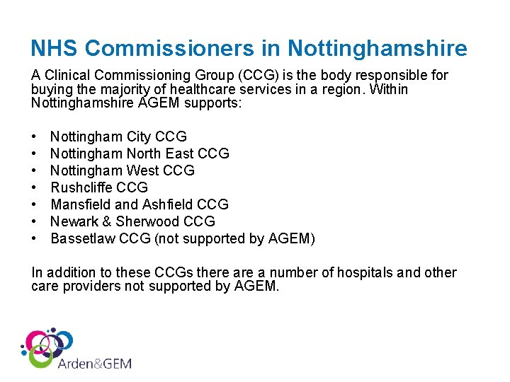 NHS Commissioners in Nottinghamshire A Clinical Commissioning Group (CCG) is the body responsible for