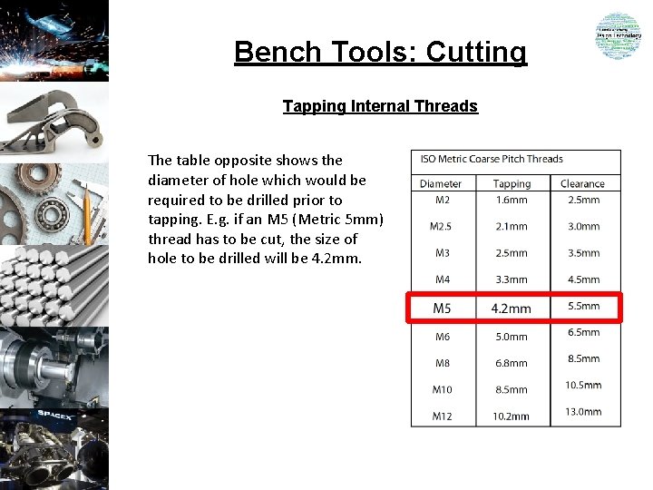 Bench Tools: Cutting Tapping Internal Threads The table opposite shows the diameter of hole