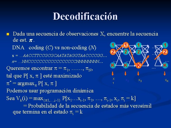 Decodificación n Dada una secuencia de observaciones X, encuentre la secuencia de est. .