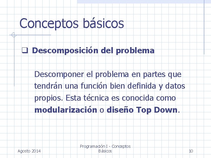 Conceptos básicos Descomposición del problema Descomponer el problema en partes que tendrán una función