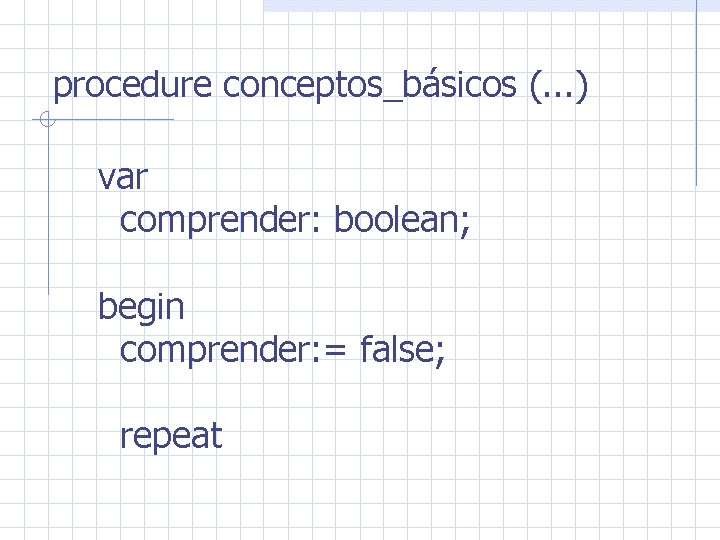 procedure conceptos_básicos (. . . ) var comprender: boolean; begin comprender: = false; repeat