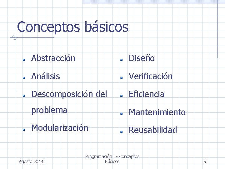 Conceptos básicos Abstracción Diseño Análisis Verificación Descomposición del Eficiencia problema Mantenimiento Modularización Reusabilidad Agosto