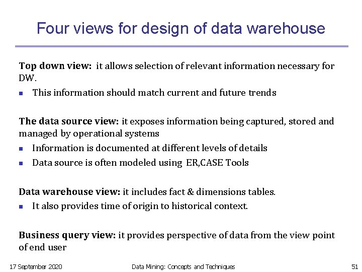 Four views for design of data warehouse Top down view: it allows selection of