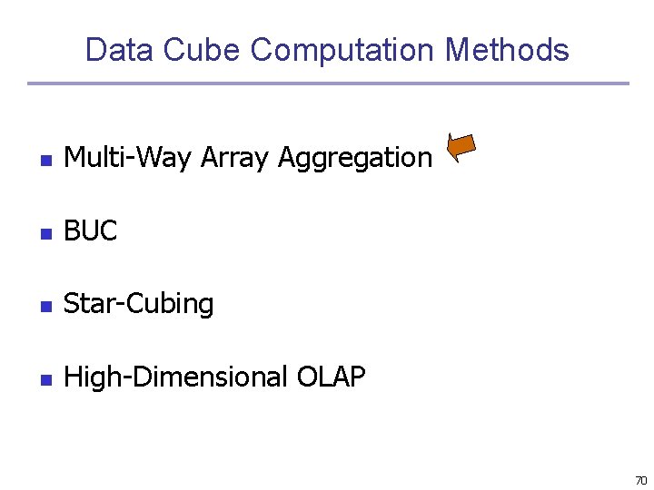 Data Cube Computation Methods n Multi-Way Array Aggregation n BUC n Star-Cubing n High-Dimensional