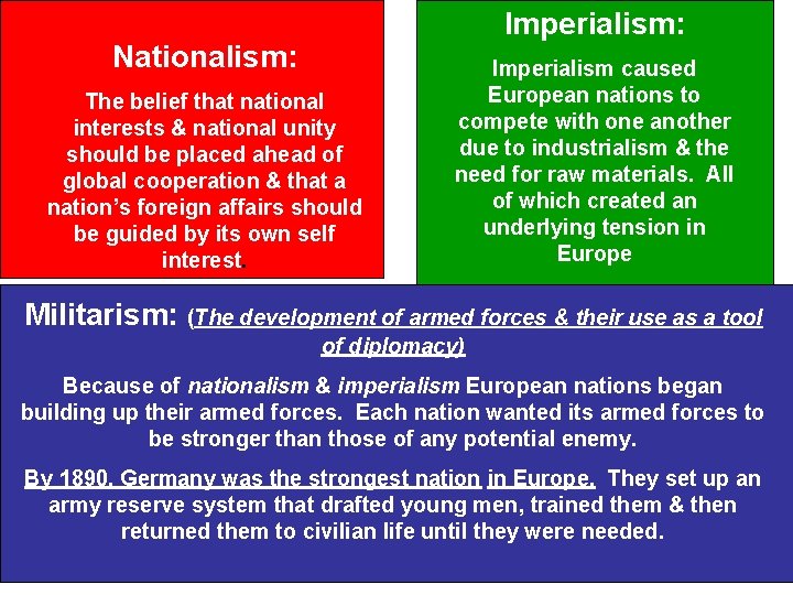 Imperialism: Nationalism: The belief that national interests & national unity should be placed ahead