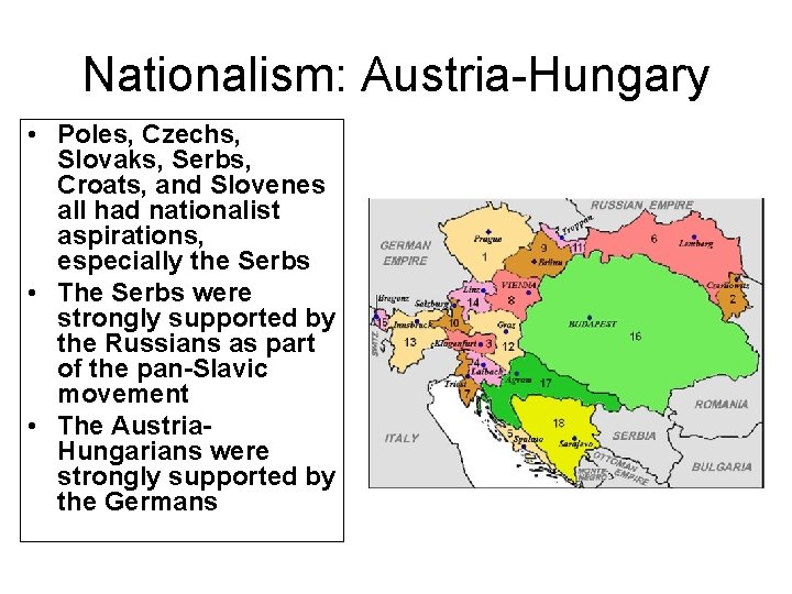 Nationalism: Austria-Hungary • Poles, Czechs, Slovaks, Serbs, Croats, and Slovenes all had nationalist aspirations,