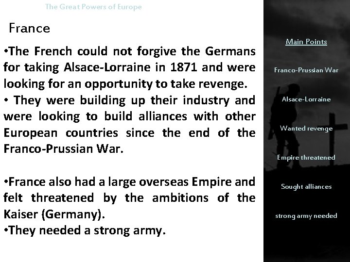 The Great Powers of Europe France • The French could not forgive the Germans