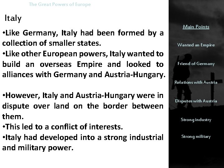 The Great Powers of Europe Italy • Like Germany, Italy had been formed by