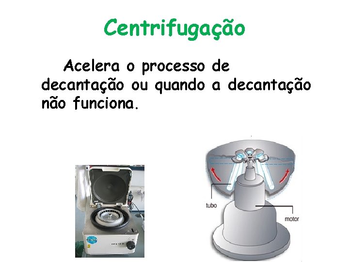 Centrifugação Acelera o processo de decantação ou quando a decantação não funciona. 