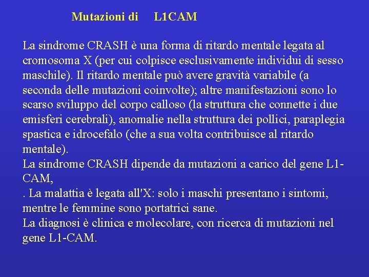 Mutazioni di L 1 CAM La sindrome CRASH è una forma di ritardo mentale