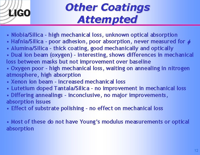 Other Coatings Attempted • Niobia/Silica – high mechanical loss, unknown optical absorption • Hafnia/Silica