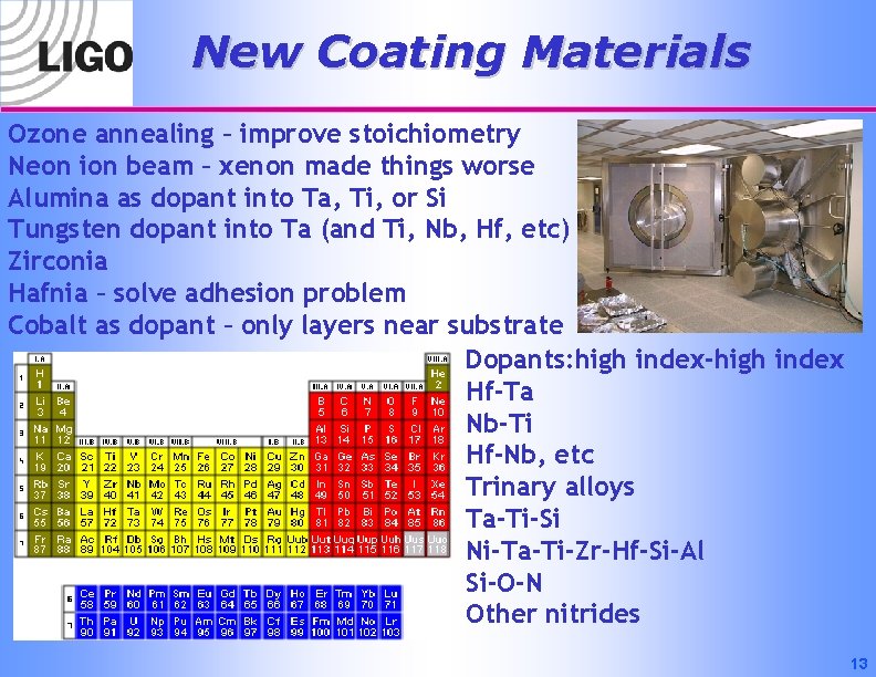 New Coating Materials Ozone annealing – improve stoichiometry Neon ion beam – xenon made