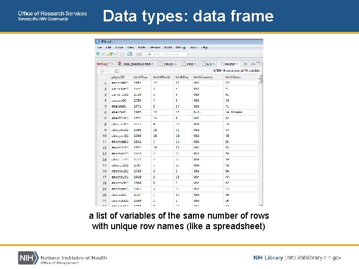 Data types: data frame a list of variables of the same number of rows